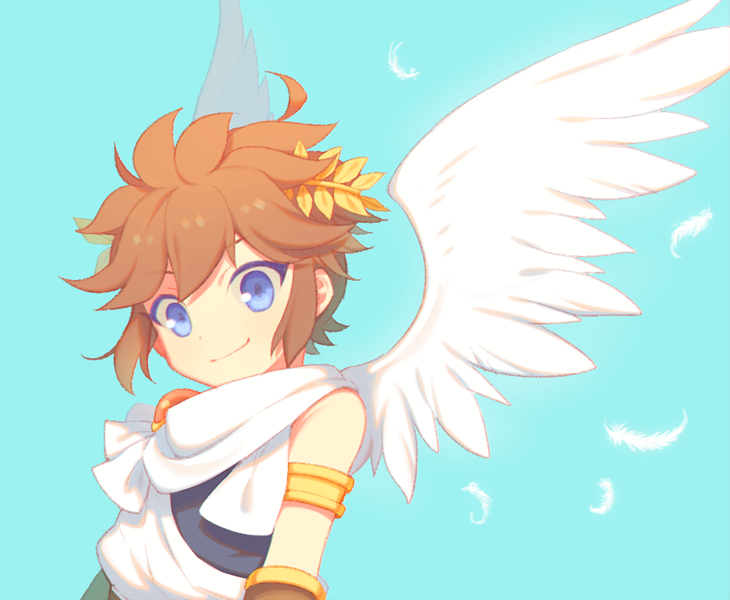 angel blue_eyes brown_hair clothing feathered_wings feathers hair humanoid kid_icarus light_body light_skin looking_at_viewer male nintendo not_furry pit_(kid_icarus) simple_background smile solo winged_humanoid wings wusagi2