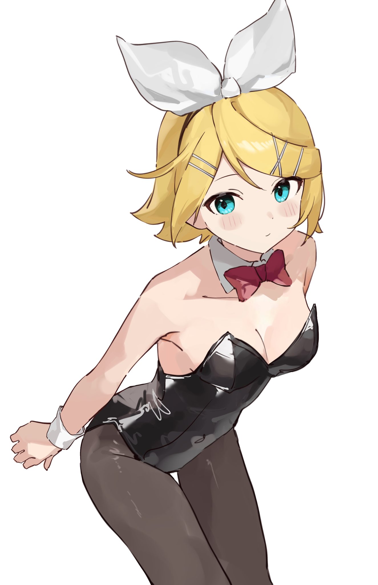 1girl armpits black_leotard black_pantyhose blonde_hair blue_eyes bow bowtie expressionless highres kagamine_rin leaning_forward leotard pantyhose playboy_bunny rakugaki_ningen red_bow red_bowtie solo vocaloid white_background