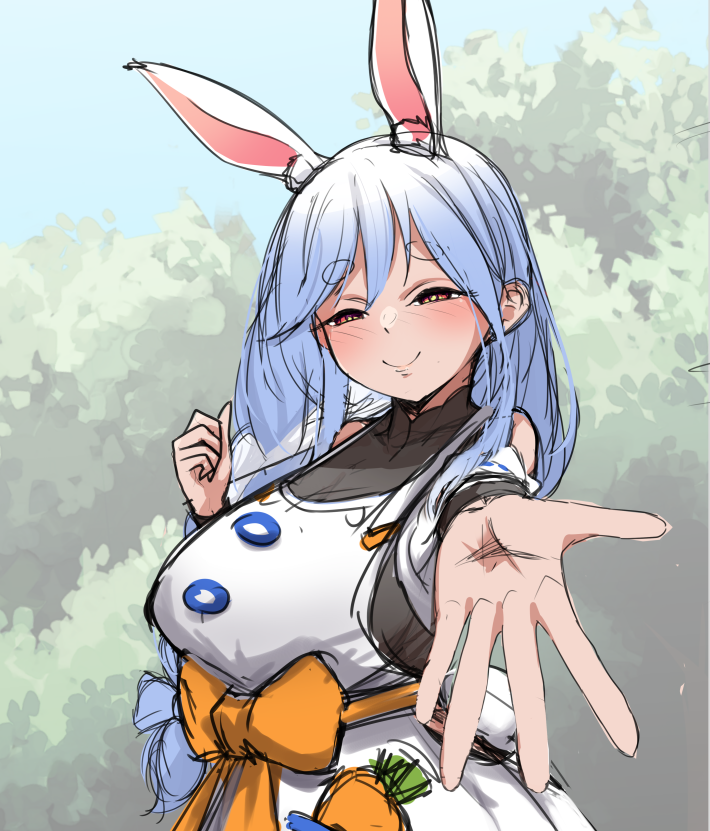 1girl animal_ear_fluff animal_ears black_bodysuit blue_hair blush bodysuit bow braid braided_ponytail carrot_in_pocket detached_sleeves dress hair_bow hair_ornament hololive kaeru-taro long_hair mature_female outstretched_hand pekomama rabbit_ears rabbit_girl rabbit_tail red_eyes short_eyebrows smile solo tail virtual_youtuber white_dress white_hair white_sleeves