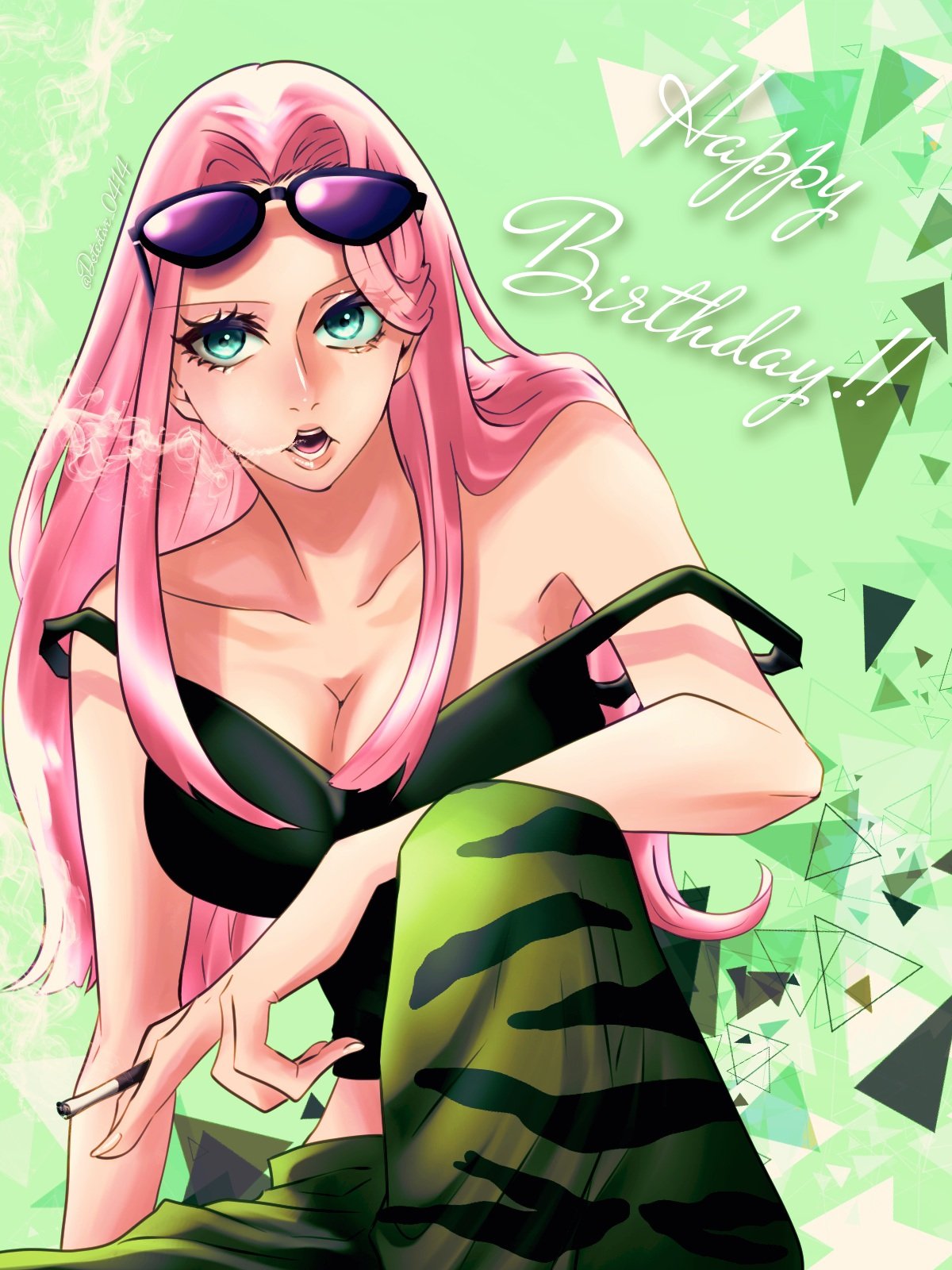1girl cigarette commentary_request cowboy_shot detective_0414 eyelashes eyewear_on_head green_background green_eyes green_pants green_tank_top happy_birthday highres hina_(one_piece) holding holding_cigarette long_hair looking_to_the_side makeup mascara one_piece pants smoke solo tank_top triangle
