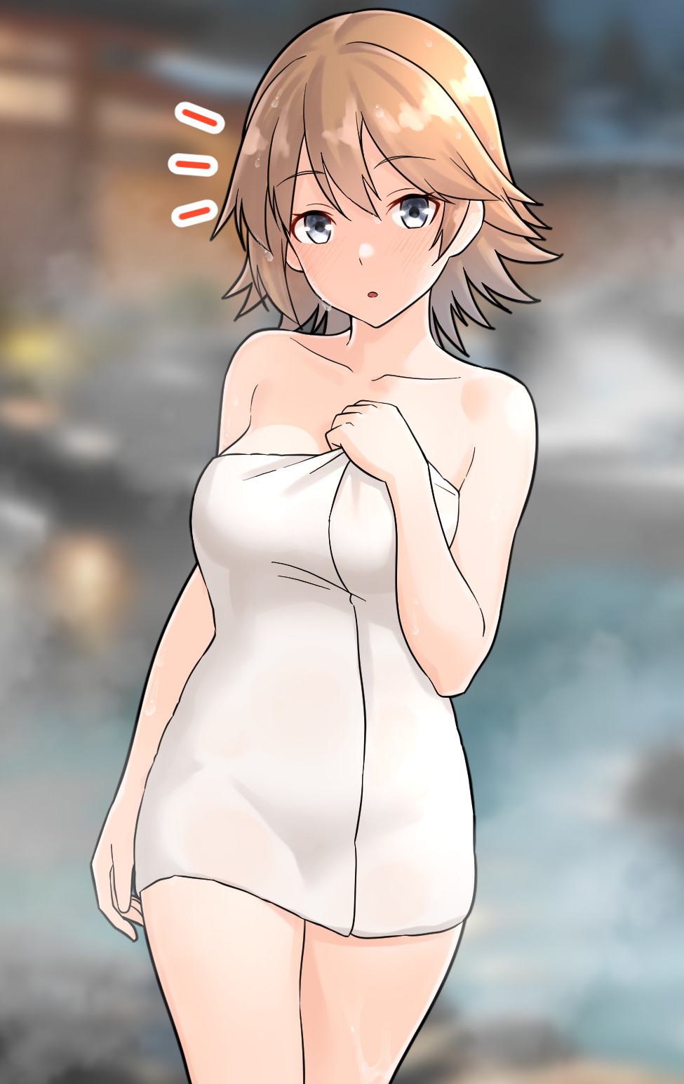 1girl blurry blurry_background breasts brown_hair collarbone covered_navel covering_privates flipped_hair furaggu_(frag_0416) grey_hair hiei_(kancolle) highres kantai_collection large_breasts naked_towel nude_cover onsen short_hair solo standing towel white_towel