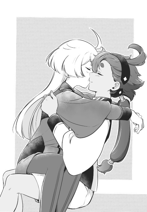 2girls arms_around_neck asticassia_school_uniform blush closed_mouth commentary commission english_commentary greyscale gundam gundam_suisei_no_majo hairband hand_on_another's_back kiss long_hair long_sleeves miorine_rembran monochrome multiple_girls pantyhose ponytail school_uniform second-party_source shorts sitting sitting_on_lap sitting_on_person smile suletta_mercury thick_eyebrows tonton_(mathcaca24) yuri