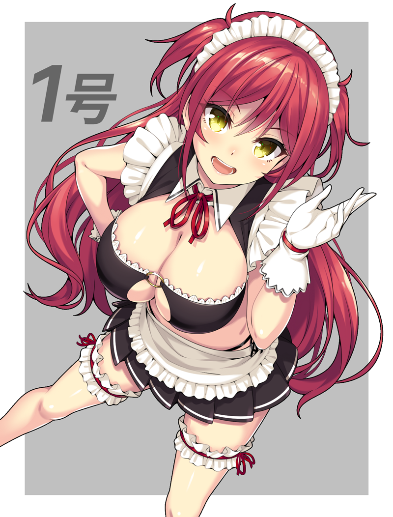 1girl border bow bowtie breasts cage_unlimited cleavage cleavage_cutout clothing_cutout commentary_request dress frilled_dress frills gloves grey_background large_breasts long_hair looking_at_viewer maid maid_headdress midriff open_mouth original red_bow red_bowtie red_hair shiny_skin smile solo sparkling_eyes tongue unconventional_maid white_background white_border white_gloves yellow_eyes