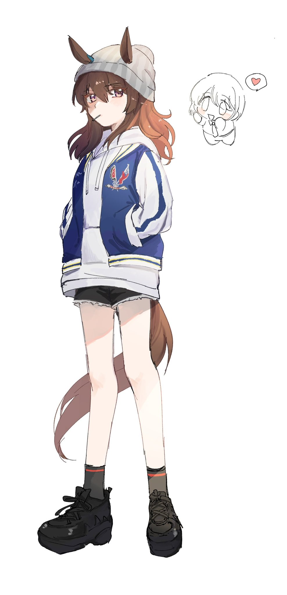 2girls alternate_costume animal_ears beanie black_footwear black_shorts black_socks blue_jacket brown_hair candy charan_(4963_nkym) chibi chibi_inset cutoffs ears_through_headwear female_trainer_(umamusume) food food_in_mouth full_body grey_hat hair_between_eyes hands_in_pockets hat heart highres hood hood_down hoodie horse_ears horse_girl horse_tail jacket lollipop long_hair long_sleeves looking_at_viewer multiple_girls nakayama_festa_(umamusume) open_clothes open_jacket pink_eyes shoes short_shorts shorts simple_background sneakers socks solo_focus spoken_heart standing tail trainer_(umamusume) umamusume white_background white_hoodie