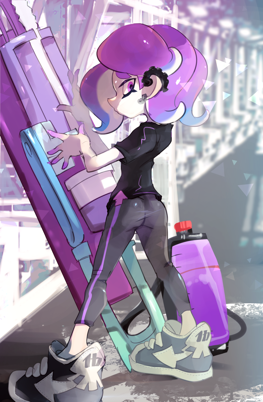 1girl ass big_swig_roller_(splatoon) black_footwear black_shirt blue_hair colored_skin earrings gradient_hair gradient_skin grey_leggings highres ink_tank_(splatoon) jewelry koike3582 leggings legs_apart light_blue_hair multicolored_hair multicolored_skin octoling octoling_girl octoling_player_character purple_eyes purple_hair purple_skin shirt shoes short_hair short_sleeves single_vertical_stripe solo splatoon_(series) standing t-shirt tentacle_hair two-tone_footwear two-tone_hair two-tone_skin white_footwear