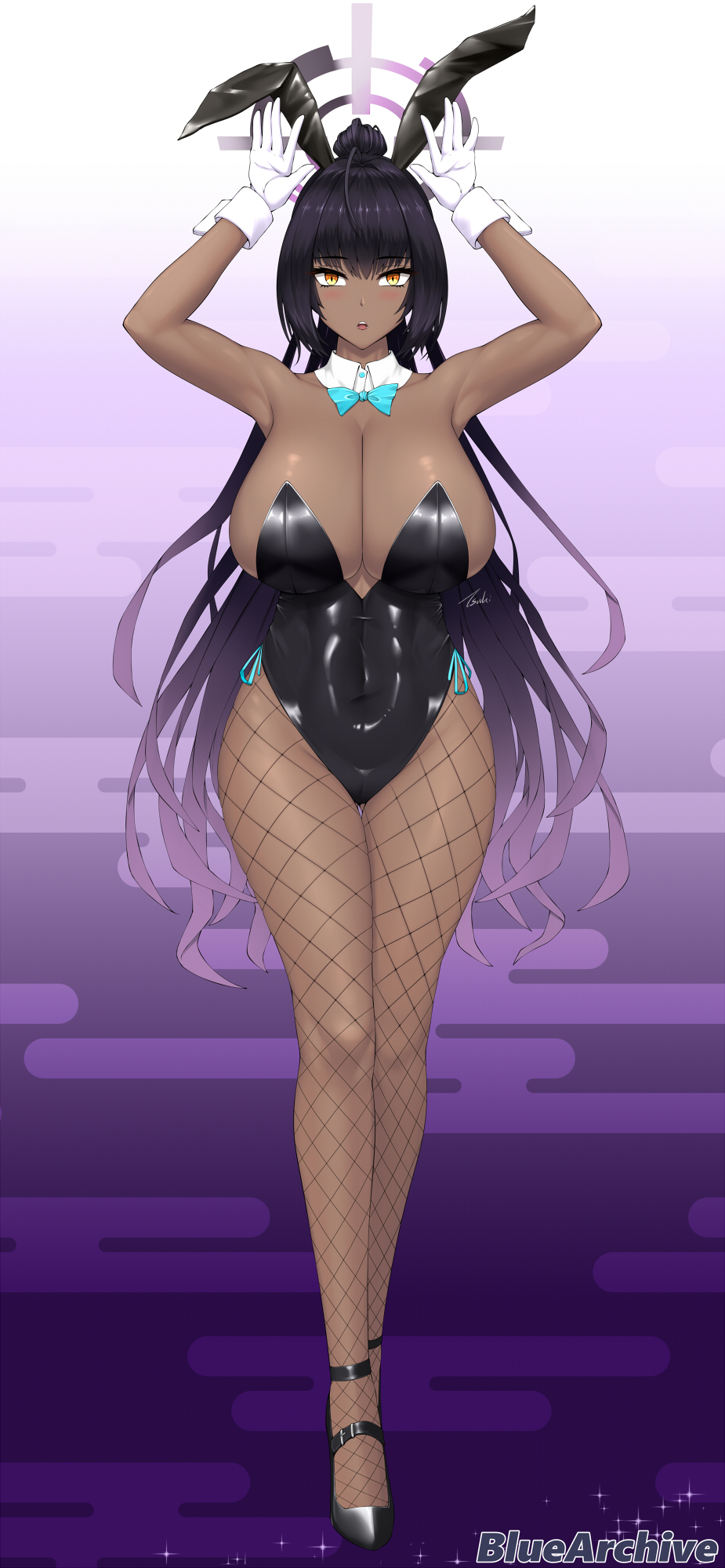 1girl :o ahoge animal_ears armpits arms_up ass_visible_through_thighs bare_shoulders black_footwear black_hair black_leotard blue_archive blue_bow blue_bowtie blush bow bowtie breasts copyright_name covered_navel dark-skinned_female dark_skin detached_collar fake_animal_ears fishnet_pantyhose fishnets full_body gloves gradient_hair hair_between_eyes halo hands_up highleg highleg_leotard highres karin_(blue_archive) karin_(bunny)_(blue_archive) large_breasts leotard long_hair long_legs looking_at_viewer multicolored_hair official_alternate_costume pantyhose playboy_bunny purple_hair purple_halo rabbit_ears rabbit_girl rabbit_pose ryu_seung solo strapless strapless_leotard thigh_gap thighs traditional_bowtie very_long_hair white_gloves yellow_eyes