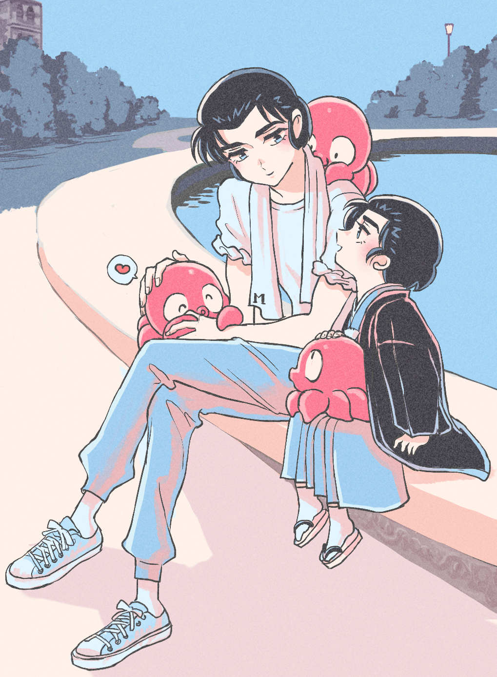 2boys aged_down child dual_persona fountain highres japanese_clothes kimono mendou_shuutarou multiple_boys octopus shoes sneakers talking ten-a urusei_yatsura water