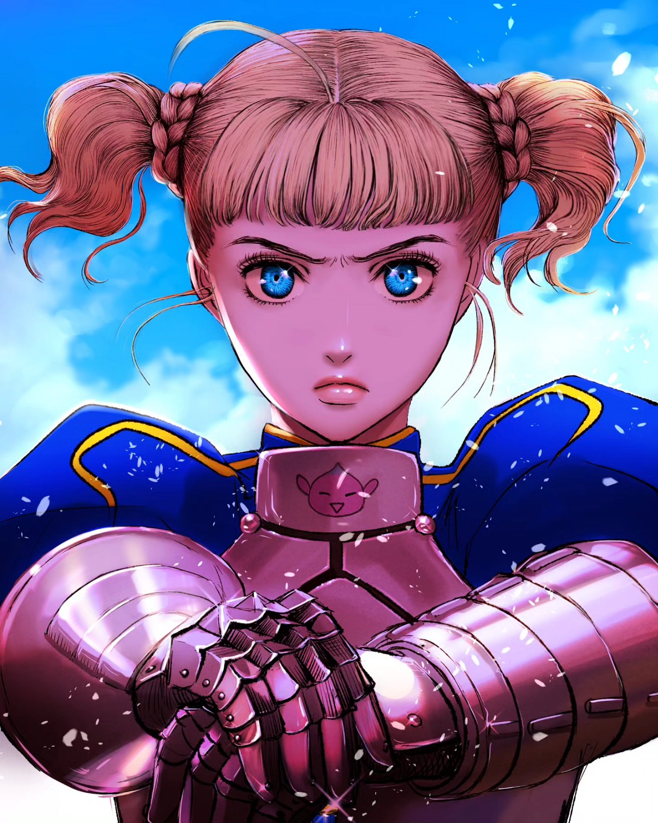 1girl ahoge armor artoria_pendragon_(fate) berserk blonde_hair blue_eyes blue_sky blunt_bangs braid character_print chest_guard closed_mouth cloud cosplay english_commentary eyelashes falling_petals farnese_(berserk) fate_(series) floating_hair frown furrowed_brow gauntlets glint hands_up highres lips looking_at_viewer nisino2222 outstretched_arms own_hands_together petals plate_armor puck_(berserk) puffy_sleeves saber_(fate) saber_(fate)_(cosplay) serious short_hair sky solo straight-on twintails upper_body wind