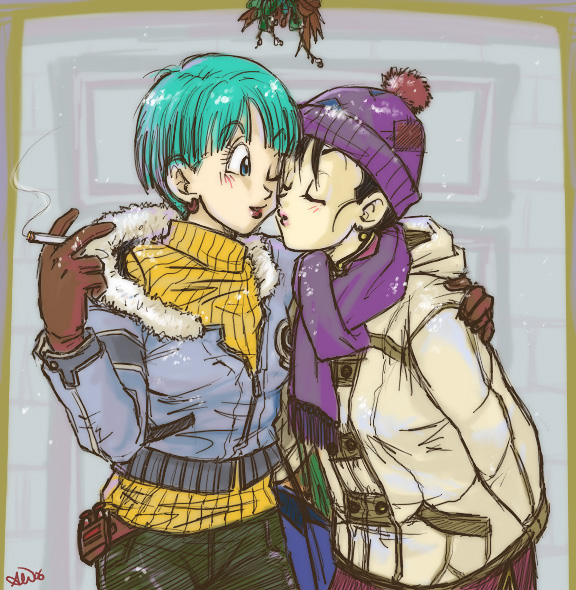 2girls aqua_hair black_hair blush bulma chi-chi_(dragon_ball) christmas cigarette closed_eyes dragon_ball dragon_ball_z glay happy imminent_kiss lipstick makeup multiple_girls one_eye_closed short_hair yuri