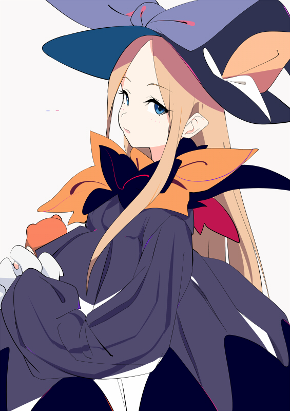 1girl abigail_williams_(fate) blonde_hair blue_bow blue_dress blue_eyes blue_hat blush bow commentary_request dress eyelashes fate/grand_order fate_(series) frilled_sleeves frills from_side hat hat_bow long_hair long_sleeves looking_at_viewer looking_to_the_side orange_bow parted_bangs parted_lips puffy_long_sleeves puffy_sleeves sideways_glance sleeve_cuffs sohin solo upper_body white_background white_bow witch_hat