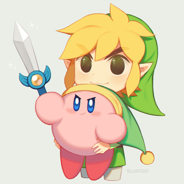 alien blonde_hair blue_eyes blush carrying_another clothing crossover duo elf hair hat headgear headwear holding_object holding_sword holding_weapon humanoid humanoid_pointy_ears hylian kirby kirby_(series) light_body light_skin male melee_weapon nintendo not_furry pink_body signature simple_background smile sword the_legend_of_zelda toon_link waddling_head weapon wind_waker wusagi2