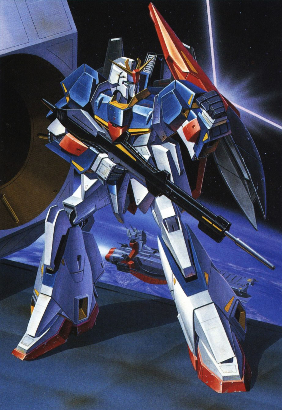 1980s_(style) artist_request battle beam_rifle cloud damaged dirty earth_(planet) energy_beam energy_gun gundam highres in_orbit machinery mecha mobile_suit no_humans official_art planet promotional_art retro_artstyle robot scan science_fiction shield space spacecraft traditional_media v-fin weapon zeta_gundam zeta_gundam_(mobile_suit)