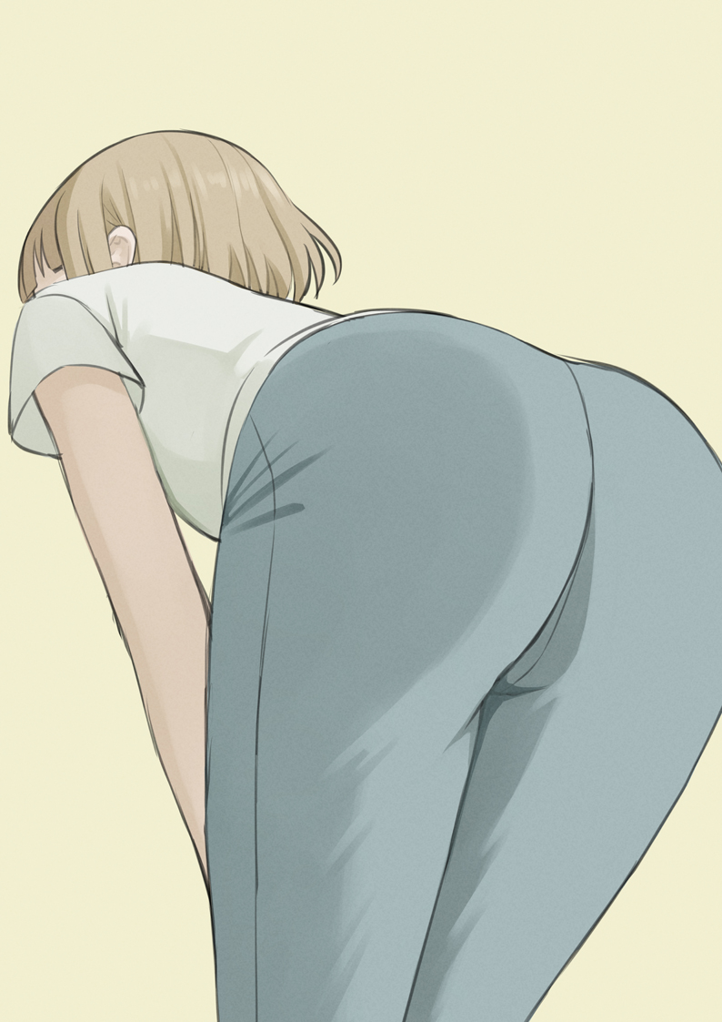 1girl ass dekiru_neko_wa_kyou_mo_yuuutsu easy_(aqk7bdqt) grey_pants hands_on_own_legs leaning_forward light_brown_hair nishina_rio pants shirt short_hair short_sleeves simple_background solo t-shirt white_shirt yellow_background