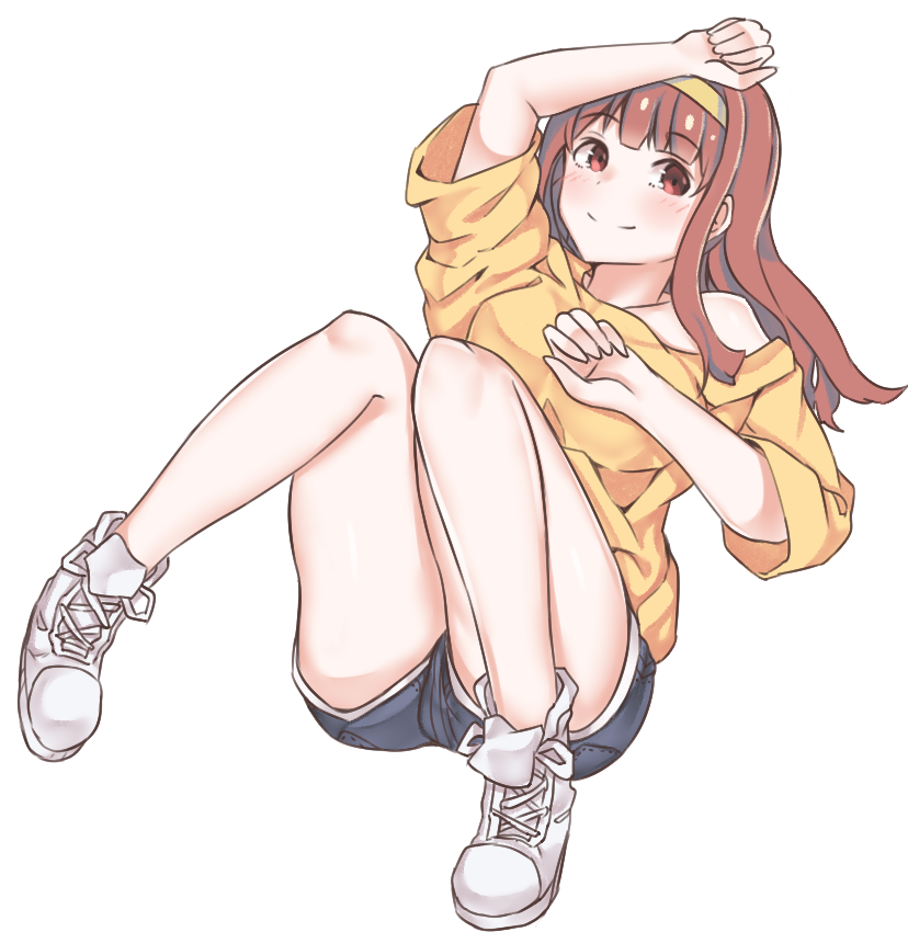 1girl aa211108 arm_up blush breasts collarbone dot_nose hairband hand_on_own_chest idolmaster idolmaster_million_live! idolmaster_million_live!_theater_days legs_together light_smile long_hair looking_at_viewer medium_breasts oversized_clothes oversized_shirt red_eyes red_hair shirt shoes shorts simple_background sneakers solo straight_hair tanaka_kotoha transparent_background yellow_shirt