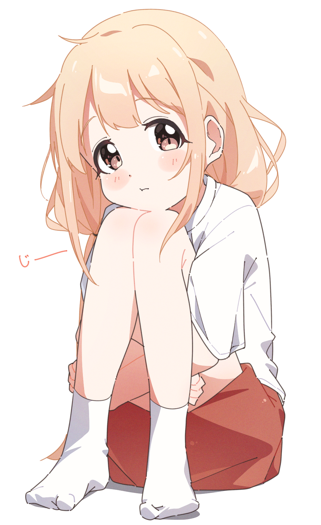 1girl :t blush futaba_anzu highres hugging_own_legs idolmaster idolmaster_cinderella_girls knees_together_feet_apart knees_up looking_at_viewer red_shorts shirt shorts simple_background sitting socks solo staring white_background white_shirt white_socks yairo_ju