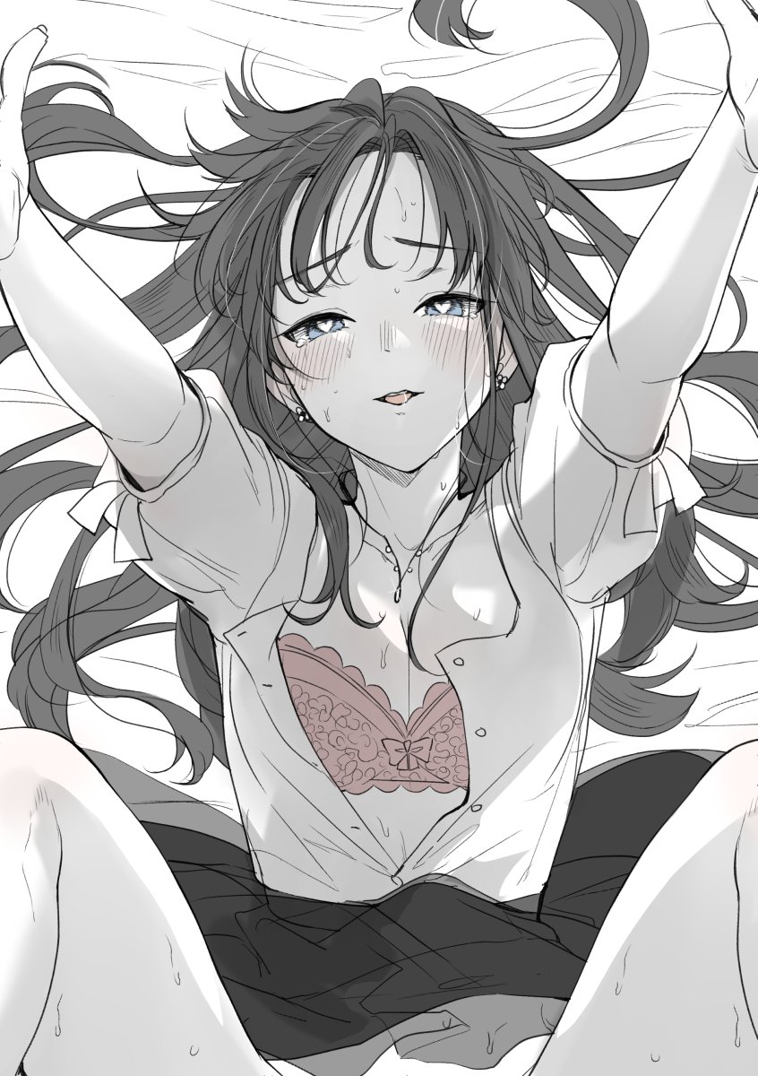 1girl blue_eyes blush bra breasts carrot_(robosquat) earrings highres implied_sex jewelry long_hair lying monochrome on_back open_clothes open_shirt original parted_lips pov reaching reaching_towards_viewer sketch skirt small_breasts spot_color spread_legs underwear