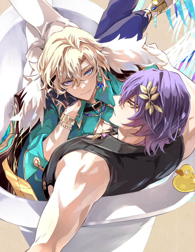 2boys aqua_shirt aventurine_(honkai:_star_rail) bathtub black_gloves black_shirt blonde_hair blue_hair bracelet closed_mouth collared_shirt dr._ratio_(honkai:_star_rail) earrings gloves hair_between_eyes hair_ornament honkai:_star_rail honkai_(series) jewelry light_smile looking_at_viewer looking_back male_focus mori_morii multicolored_eyes multiple_boys rubber_duck shirt short_hair sleeveless sleeveless_shirt two-tone_eyes watch wristwatch