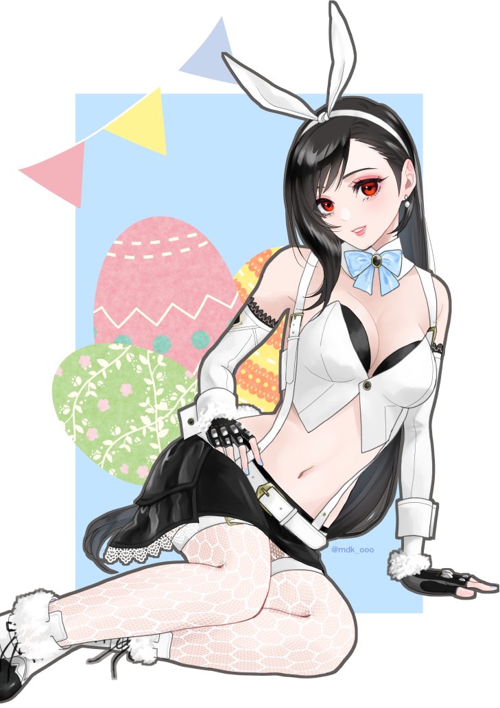 1girl animal_ears arm_support bare_shoulders belt belt_buckle black_gloves black_hair black_skirt blue_bow blue_bowtie border bow bowtie breasts buckle cleavage commentary_request crop_top detached_collar detached_sleeves earrings easter easter_egg egg fake_animal_ears feet_out_of_frame final_fantasy final_fantasy_vii final_fantasy_vii_ever_crisis fingerless_gloves fishnet_thighhighs fishnets gloves jewelry long_hair looking_at_viewer mdk_ooo medium_breasts midriff navel official_alternate_costume outside_border playboy_bunny rabbit_ears red_eyes red_lips single_earring single_sidelock sitting skirt solo suspender_skirt suspenders swept_bangs thighhighs tifa_lockhart tifa_lockhart_(bunny_bustier) twitter_username white_border white_sleeves yokozuwari