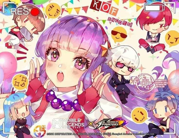 artist_name asamiya_athena balloon blue_eyes blue_hair chibi chris_(kof) confetti digital_camera emoji fingerless_gloves gloves hair_ornament hairband k'_(kof) kula_diamond leona_heidern logo long_hair mobile_legends:_bang_bang multiple_boys multiple_girls open_mouth ponytail purple_hair red_gloves red_hair red_hairband shirt skunkyfly star_(symbol) star_hair_ornament string_of_flags sunglasses the_king_of_fighters white_hair white_shirt yagami_iori