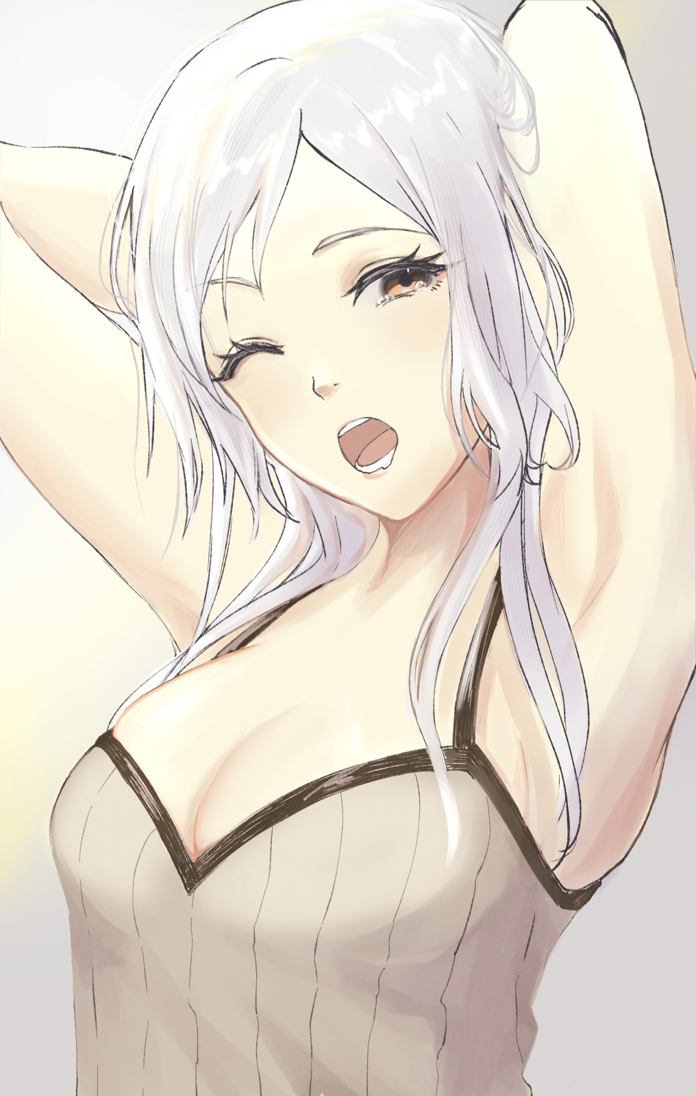 1girl ;o armpits arms_behind_head arms_up breasts brown_eyes camisole cleavage commentary fire_emblem fire_emblem_awakening grey_background head_tilt highres inusukino1 long_hair medium_breasts one_eye_closed open_mouth robin_(female)_(fire_emblem) robin_(fire_emblem) solo spaghetti_strap upper_body white_hair
