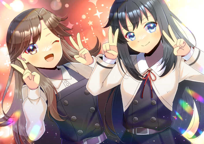 2girls ;d arashio_(kancolle) asashio_(kancolle) belt belt_buckle black_dress black_hair blue_eyes brown_eyes brown_hair buckle closed_mouth collared_shirt commentary_request commission double_v dress dress_shirt hands_up kantai_collection kou_hiyoyo long_sleeves multiple_girls neck_ribbon one_eye_closed parted_bangs pinafore_dress puffy_long_sleeves puffy_sleeves purple_belt red_ribbon ribbon shirt skeb_commission sleeveless sleeveless_dress smile v white_shirt