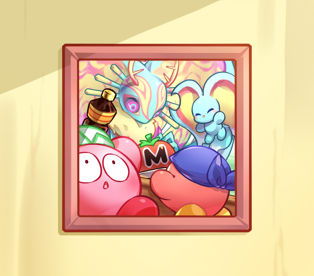 0olqplo0 animal_ears antlers bandana bandana_waddle_dee blue_bandana closed_eyes elfilin energy_drink_(kirby) fecto_elfilis holding holding_plate horns kirby kirby_(series) kirby_and_the_forgotten_land maxim_tomato mouse_ears multicolored_eyes notched_ear photo_(object) plate tail