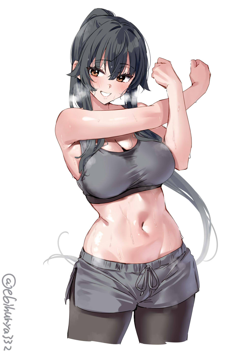 1girl alternate_costume artist_name bare_shoulders black_hair blush breasts brown_eyes cropped_legs drawstring ebifurya grey_shorts grey_sports_bra grin groin hair_between_eyes hair_flaps heavy_breathing high_ponytail highres kantai_collection large_breasts long_hair looking_at_viewer navel one-hour_drawing_challenge pantyhose short_shorts shorts sidelocks simple_background smile solo sports_bra stomach stretching sweat twitter_username very_long_hair wet wet_clothes white_background yahagi_(kancolle)