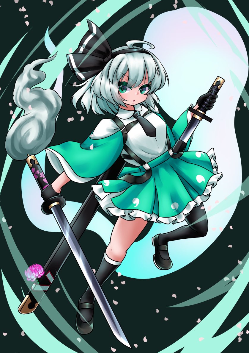 1girl ascot black_ascot black_gloves black_hairband commentary_request frilled_skirt frills full_body fuuren_udon ghost gloves green_eyes green_skirt grey_hair hairband holding holding_sword holding_weapon katana konpaku_youmu konpaku_youmu_(ghost) looking_at_viewer medium_hair shirt skirt solo sword sword_behind_back touhou weapon white_shirt