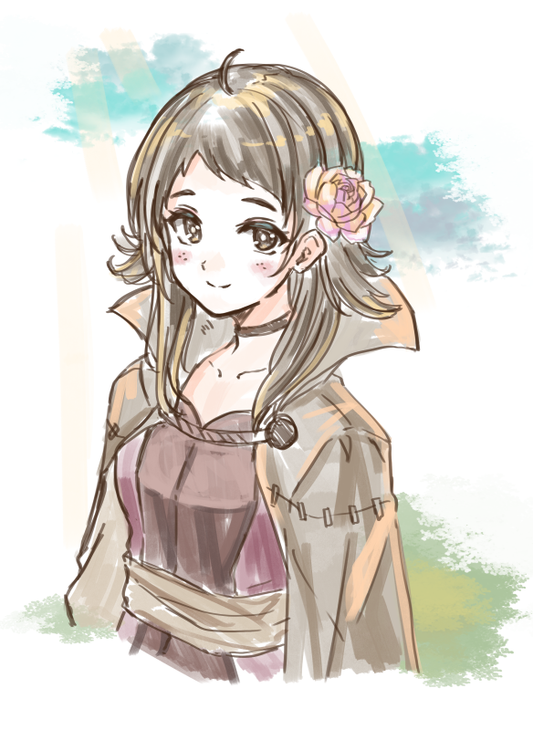 1girl brown_eyes brown_hair choker collared_cloak fire_emblem fire_emblem_fates flower freckles fuussu_(21-kazin) hair_flower hair_ornament mozu_(fire_emblem) solo upper_body