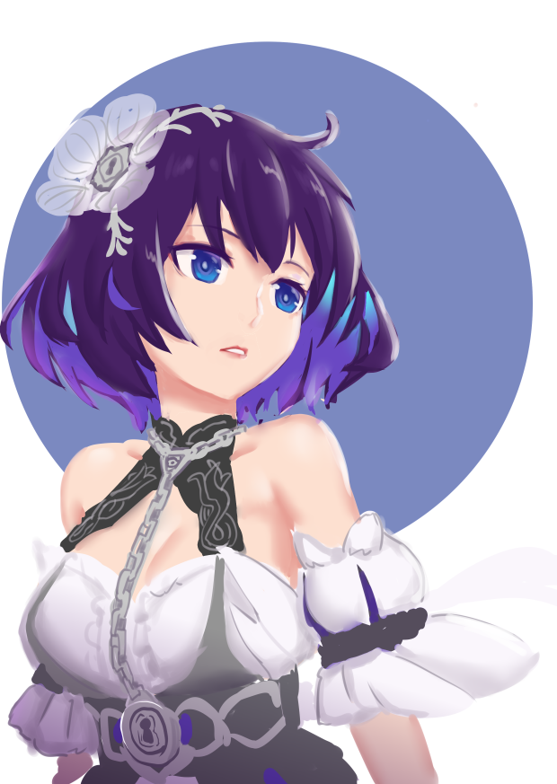 1girl ahoge bare_shoulders blue_background blue_eyes blue_hair bob_cut breasts cleavage daidailong dress flower hair_flower hair_ornament honkai_(series) honkai_impact_3rd medium_breasts off-shoulder_dress off_shoulder parted_lips seele_vollerei seele_vollerei_(stygian_nymph) short_hair solo two-tone_background upper_body white_background white_dress white_flower