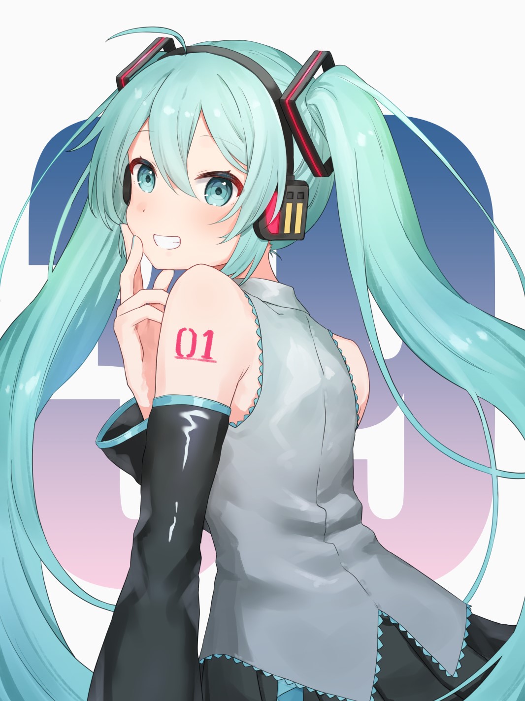 1girl blue_eyes blue_hair blush detached_sleeves from_behind grin hair_ornament hand_on_own_cheek hand_on_own_face hatsune_miku headphones highres kirima_(zs_at_) long_hair long_sleeves looking_at_viewer looking_back shirt sleeveless sleeveless_shirt smile solo twintails very_long_hair vocaloid