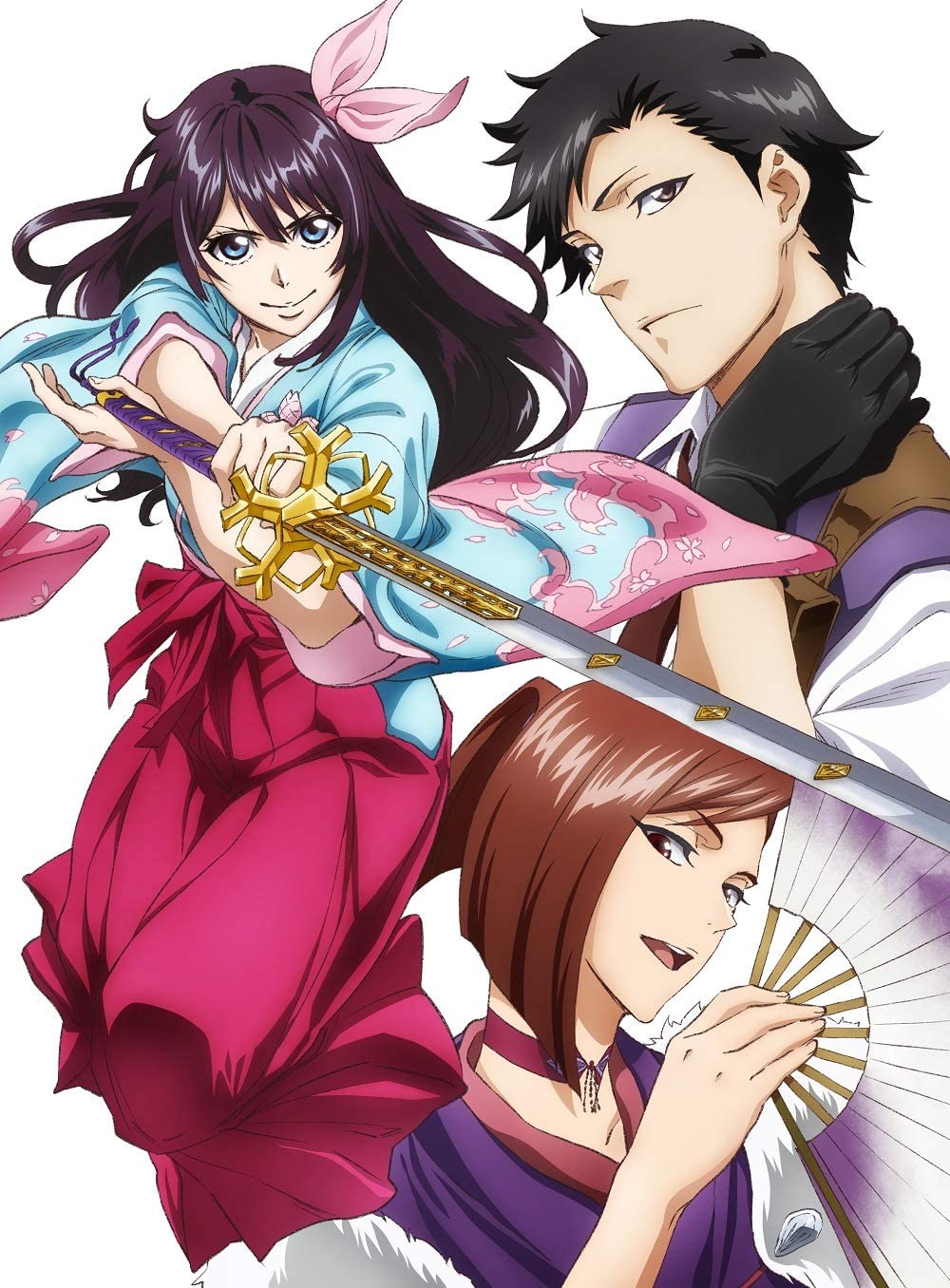 &gt;:) 1boy 2girls amamiya_sakura black_gloves black_hair blue_eyes blunt_ends bob_cut brown_eyes brown_hair choker closed_mouth collarbone collared_shirt floral_print_kimono floral_print_sleeves folding_fan full_body fur_trim gloves hair_between_eyes hair_ornament hair_ribbon hakama hakama_skirt hand_fan hand_on_own_neck highres holding holding_weapon japanese_clothes kamiyama_seijuurou kanzaki_sumire katana kimono kubo_tite light_blue_kimono light_brown_hair long_hair long_sleeves looking_at_viewer mature_female multiple_girls necktie nose official_art open_mouth pink_ribbon pouch purple_eyes purple_kimono purple_tassel purple_vest red_hakama red_necktie ribbon sakura_taisen shin_sakura_taisen shirt short_hair sidelocks simple_background skirt sleeves_rolled_up smile straight_hair sword teeth tongue upper_body upper_teeth_only v-shaped_eyebrows vest wavy_hair weapon white_background wide_sleeves wispy_bangs