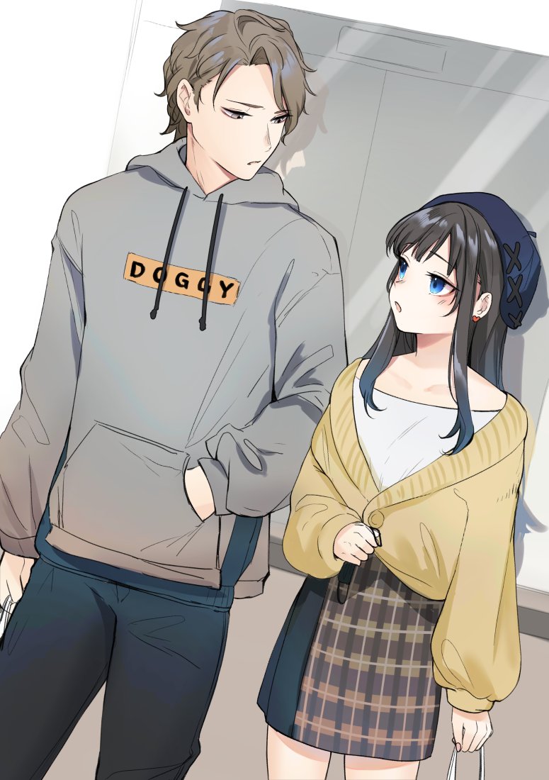 1boy 1girl beret black_hair brown_hair cardigan carrot_(robosquat) couple earrings eye_contact grey_eyes hat heart heart_earrings hetero high-waist_skirt hood hoodie jewelry long_hair looking_at_another original skirt