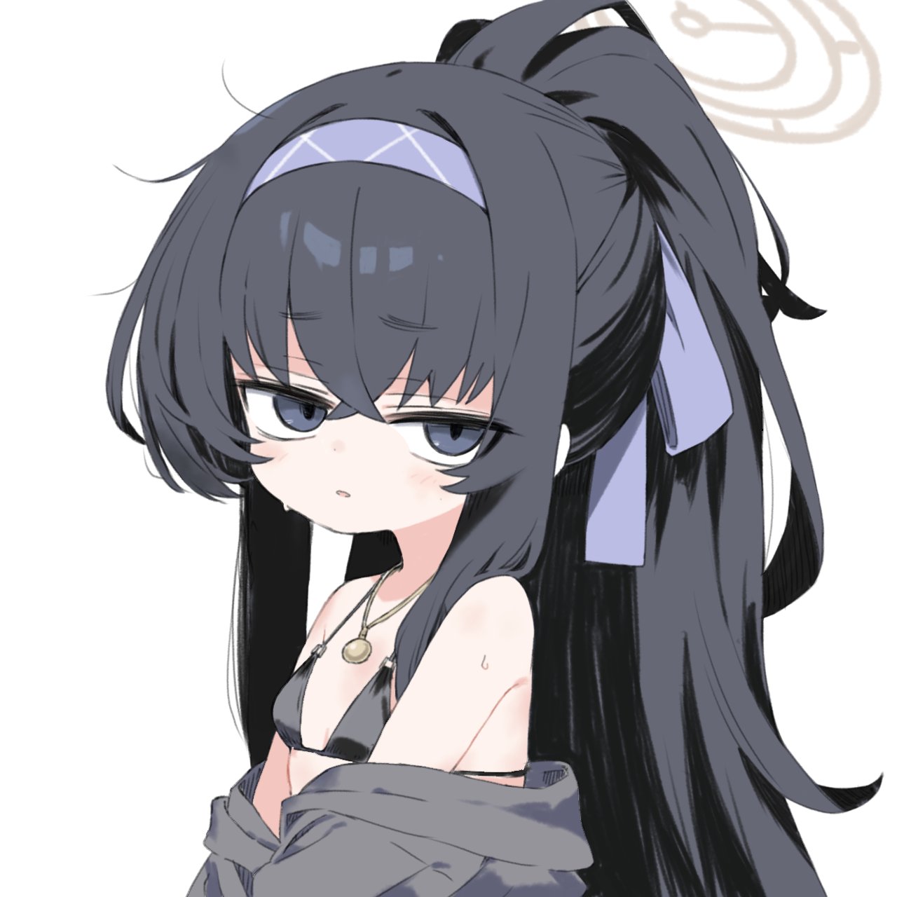 1girl bare_shoulders bikini black_bikini black_eyes black_hair blue_archive breasts chibi grey_jacket hairband halo highres jacket jewelry light_blush long_hair looking_at_viewer moru_(monaka) off_shoulder parted_lips pendant ponytail simple_background small_breasts solo string_bikini swimsuit ui_(blue_archive) ui_(swimsuit)_(blue_archive) upper_body wet white_background