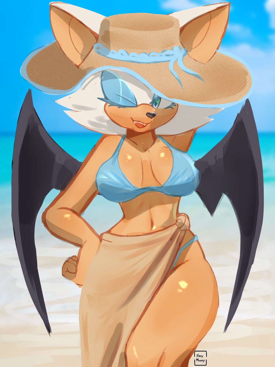 anthro bat beach bikini bikini_top breasts clothed clothing digital_media_(artwork) fanymoony female hat headgear headwear hi_res looking_at_viewer mammal membrane_(anatomy) membranous_wings one_eye_closed open_mouth rouge_the_bat sega smile solo sonic_the_hedgehog_(series) swimwear wings wink