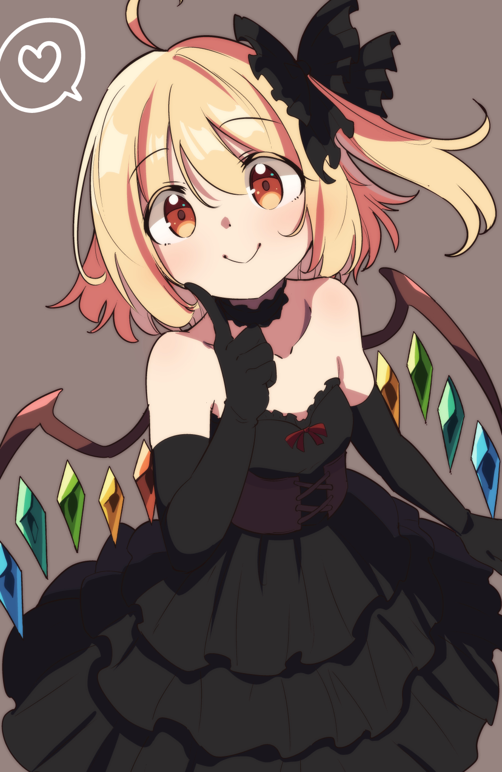 1girl ahoge alternate_costume bare_shoulders black_bow black_choker black_dress black_gloves blonde_hair bow choker closed_mouth collarbone commentary_request corset crystal_wings dot_nose dress dress_bow elbow_gloves finger_to_cheek flandre_scarlet frilled_bow frilled_choker frilled_dress frills from_above gloves hair_bow heart highres looking_at_viewer medium_hair moja_(moja4192) orange_eyes purple_corset side_ponytail simple_background smile solo spoken_heart touhou wings