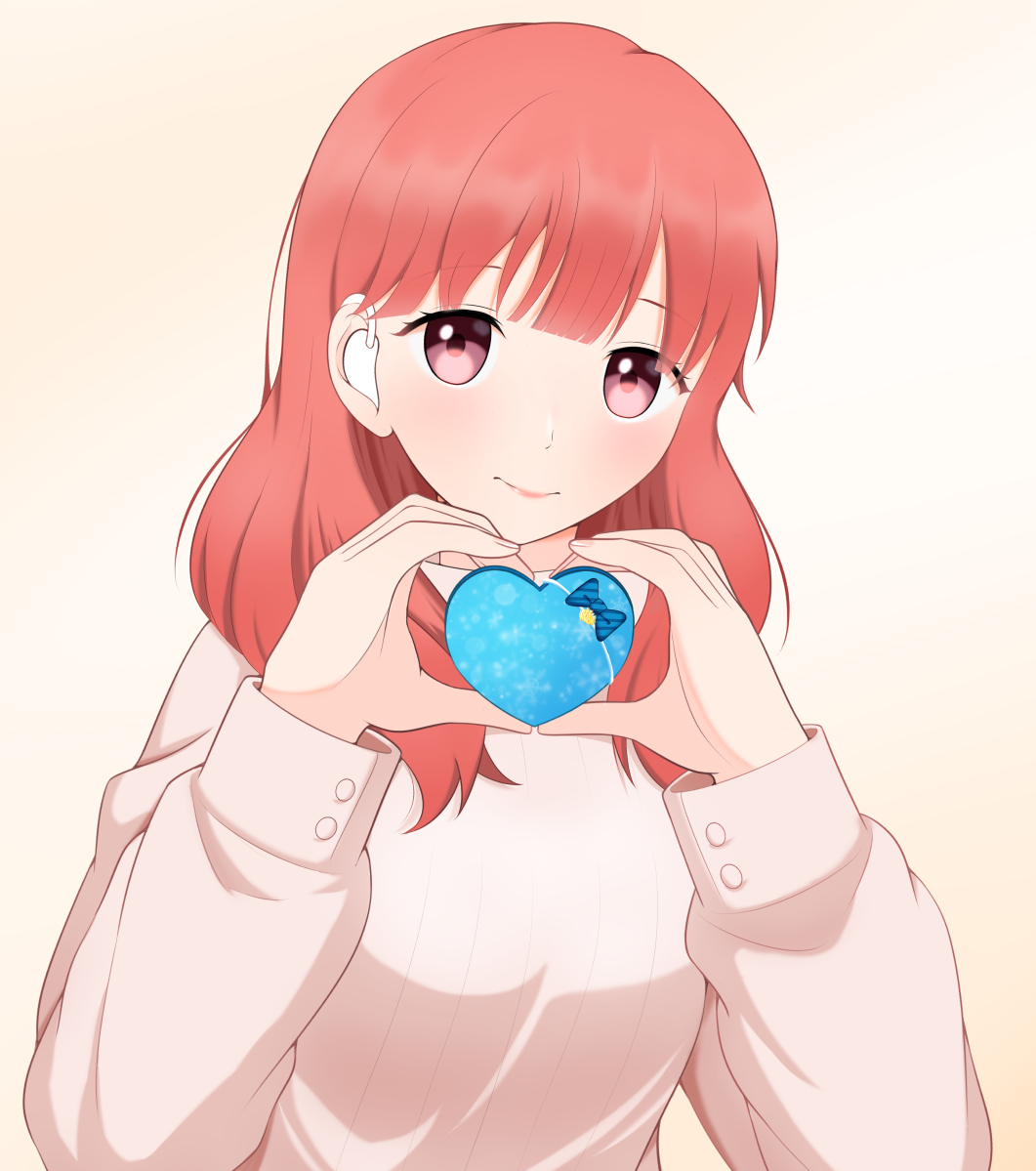 1girl blush box gift hearing_aid heart heart-shaped_box heart_hands holding holding_gift itose_yuki lipstick long_sleeves looking_at_viewer makeup miyabi_(pixiv67245942) pink_eyes red_hair simple_background smile solo upper_body yubisaki_to_renren