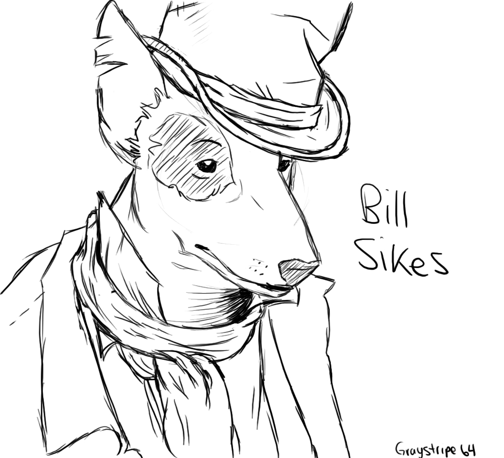 2010 alternate_species anthro beady_eyes bill_sikes black_and_white black_nose bull_terrier canid canine canis character_name clothed clothing digital_drawing_(artwork) digital_media_(artwork) domestic_dog english_text fur furrification graystripe64 hat headgear headwear hunting_dog line_art male mammal monochrome notched_ear oliver_twist_(book) simple_background solo terrier text topwear white_background