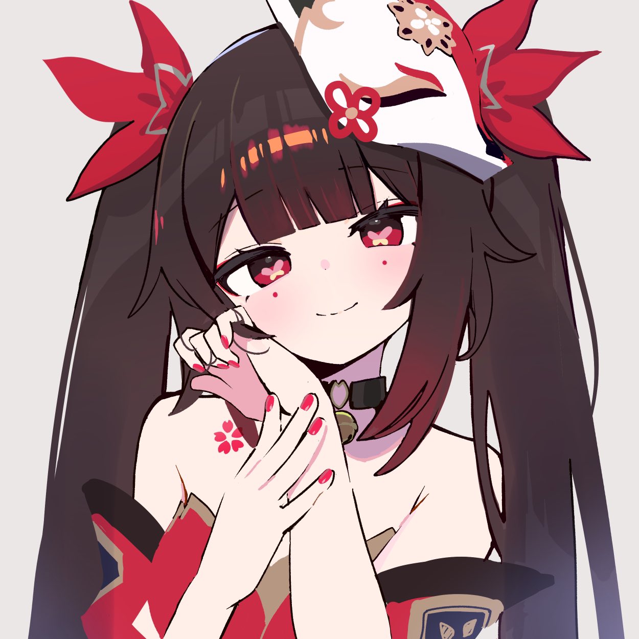 1girl bare_shoulders black_hair blunt_bangs chest_tattoo commentary facial_mark grey_background hands_up head_tilt highres honkai:_star_rail honkai_(series) long_hair looking_at_viewer nail_polish red_eyes red_nails simple_background smile solo sparkle_(honkai:_star_rail) tattoo twintails upper_body very_long_hair zenshin