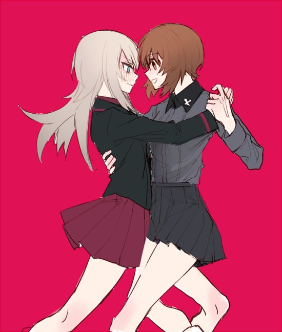 2girls black_jacket black_skirt blonde_hair blue_eyes blush brown_eyes brown_hair commentary dancing girls_und_panzer grey_shirt hanyae holding holding_hair itsumi_erika jacket kuromorimine_military_uniform kuromorimine_school_uniform medium_hair multiple_girls nishizumi_miho open_mouth red_background red_skirt school_uniform shirt short_hair simple_background skirt smile yuri