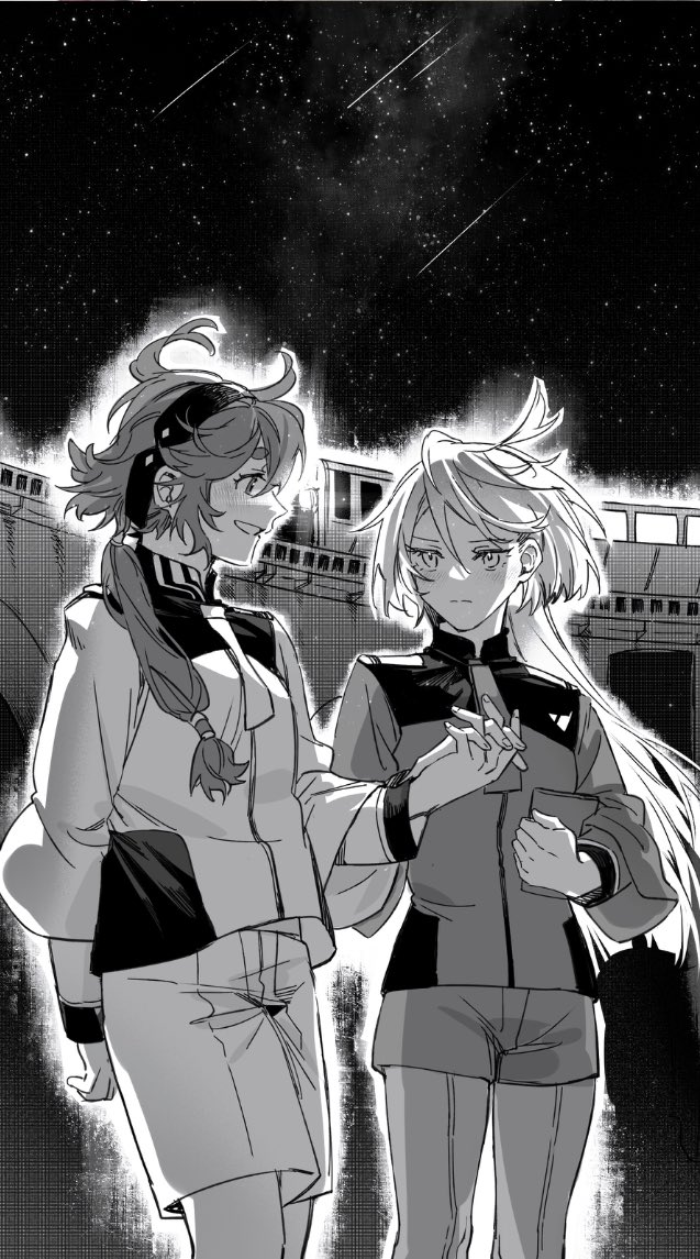 2girls artist_request asticassia_school_uniform blush closed_mouth commentary_request commission feet_out_of_frame greyscale gundam gundam_suisei_no_majo hairband holding_hands interlocked_fingers jacket long_hair looking_at_another miorine_rembran monochrome multiple_girls night night_sky outdoors pantyhose parted_lips ponytail school_uniform second-party_source shooting_star shorts sky smile star_(sky) starry_sky suletta_mercury