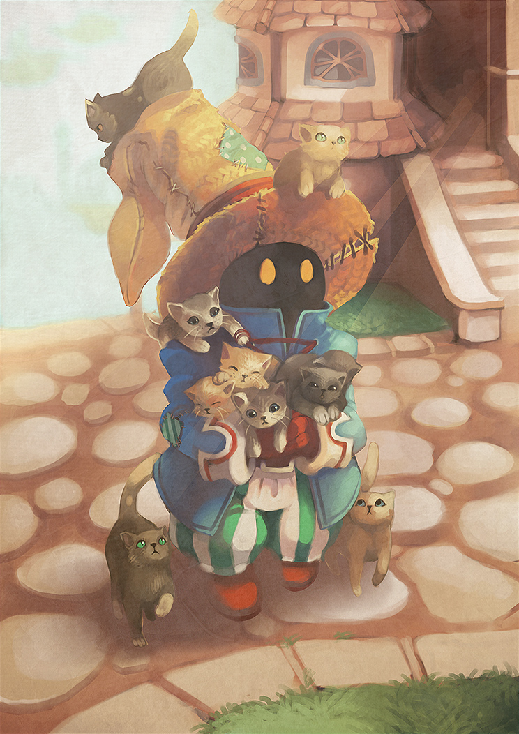 animal animal_focus black_cat black_eyes black_mage_(final_fantasy) brick_road cat commentary english_commentary final_fantasy final_fantasy_ix full_body gloves green_eyes hat holding holding_animal holding_cat house junkdoesart long_sleeves pants solid_oval_eyes stairs standing striped_clothes striped_pants too_many too_many_cats vertical-striped_clothes vertical-striped_pants vivi_ornitier white_cat witch_hat yellow_eyes