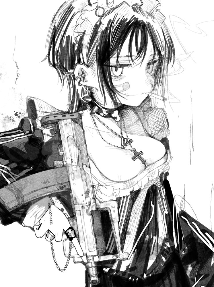 1girl apron bandaid bandaid_on_cheek bandaid_on_face breasts cigarette cleavage collar commentary cross cross_necklace dress ear_piercing greyscale gun holding holding_cigarette holding_gun holding_weapon jewelry long_hair looking_at_viewer maid maid_headdress medium_breasts monochrome multiple_rings necklace original piercing ring simple_background sirayukisiu smoke smoking solo spiked_collar spikes submachine_gun symbol-only_commentary weapon