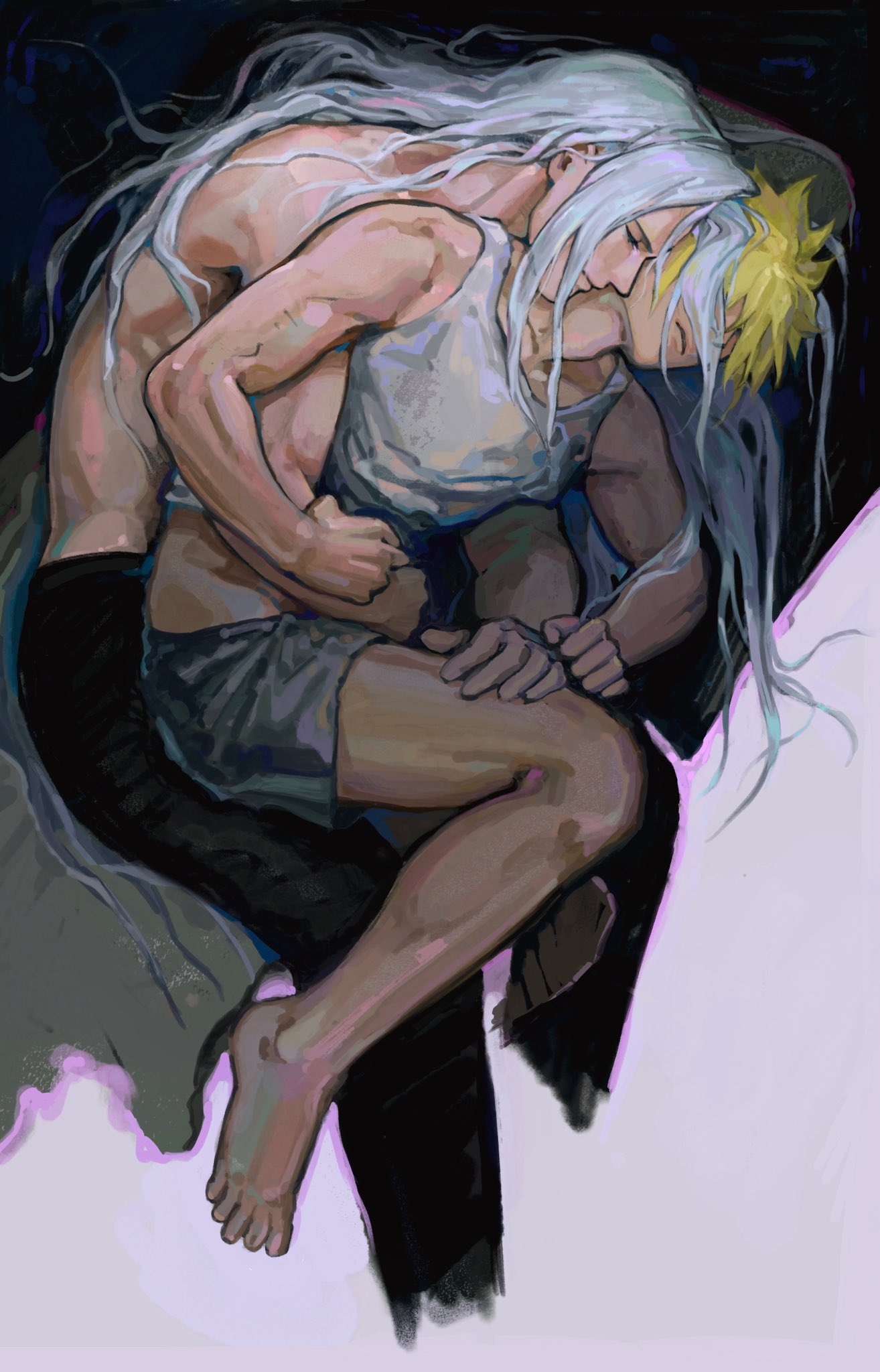 2boys arm_around_waist barefoot bed black_pants blonde_hair boxers closed_eyes closed_mouth cloud_strife couple covered_eyes cuddling final_fantasy final_fantasy_vii grey_hair hand_on_another's_arm highres holding long_hair male_focus male_underwear multiple_boys on_bed pants parted_bangs sansgarnish00 sephiroth short_hair sleeping tank_top topless_male underwear white_tank_top yaoi