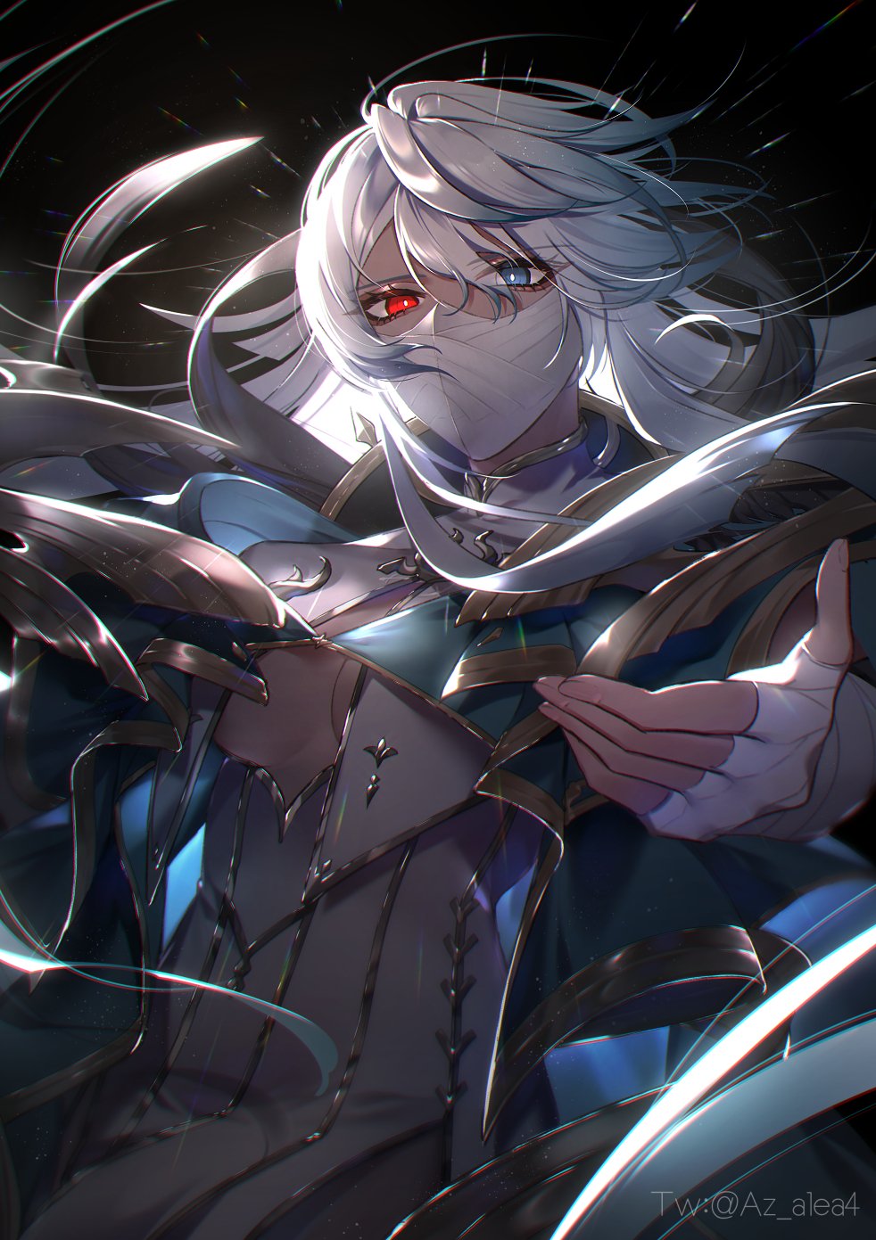 1girl antenna_hair bandage_on_face bandaged_arm bandages colored_tips cosmos_(granblue_fantasy) dark-skinned_female dark_skin granblue_fantasy half_mask heterochromia highres kogomeari mask multicolored_hair onesie white_hair