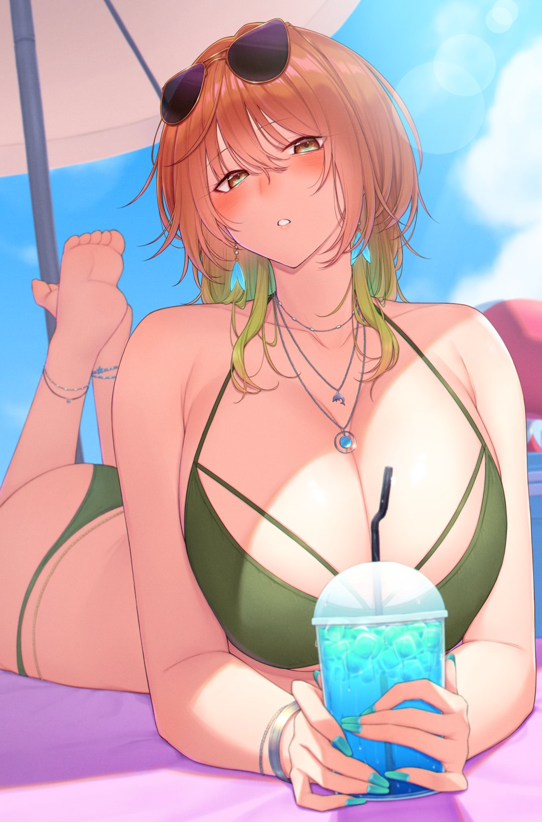 1girl ass beach beach_umbrella bikini blue_nails bracelet breasts character_request copyright_request dolphin_necklace drink earrings green_bikini highres holding holding_drink jewelry kirou_(kiruyuu1210) large_breasts lying multicolored_eyes multicolored_hair necklace on_stomach orange_hair short_hair solo swimsuit umbrella