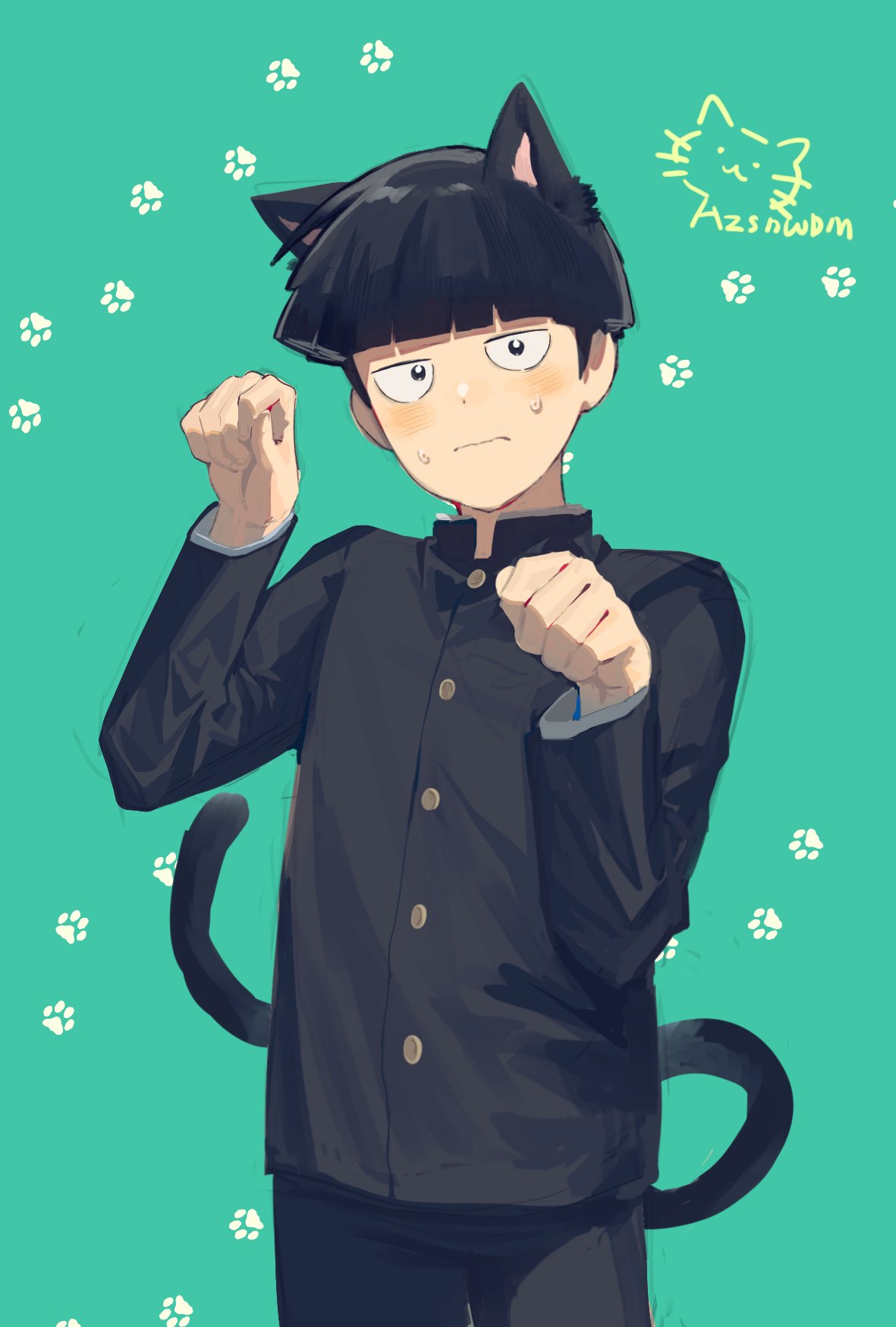 1boy animal_ears black_pants blush bowl_cut cat_boy cat_ears cat_tail closed_mouth gakuran grey_background highres kageyama_shigeo kemonomimi_mode long_sleeves male_focus mawaru_(ajan) mob_psycho_100 nervous pants paw_pose paw_print school_uniform signature sweatdrop tail