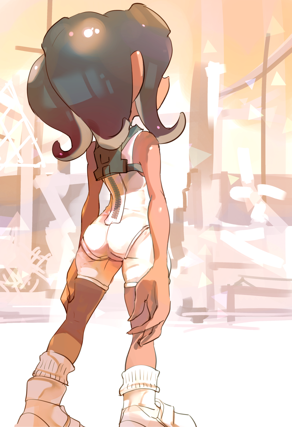 1girl agent_8_(splatoon) ass bare_arms bare_shoulders bodysuit dark-skinned_female dark_skin from_behind grey_hair highres koike3582 legs_apart medium_hair octoling octoling_girl octoling_player_character ribbed_socks socks solo splatoon_(series) splatoon_3 splatoon_3:_side_order standing suction_cups tentacle_hair white_bodysuit white_footwear white_socks