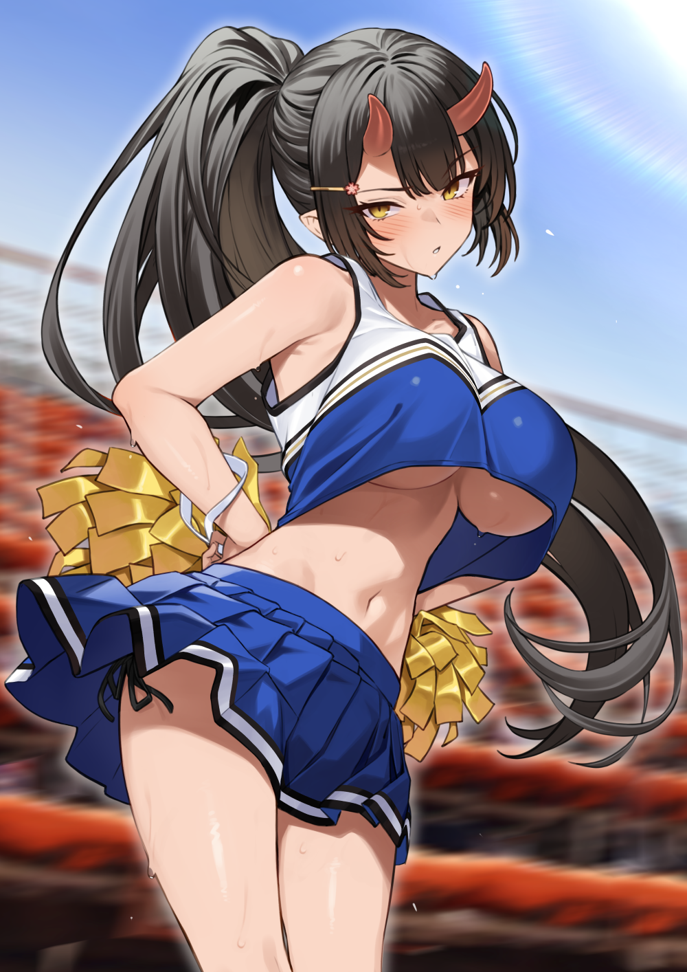 1girl bare_shoulders black_hair cheerleader crop_top crop_top_overhang enjo_kouhai highres holding holding_pom_poms long_hair looking_at_viewer midriff navel origamine_ouka pom_pom_(cheerleading) ponytail solo stomach takunomi very_long_hair