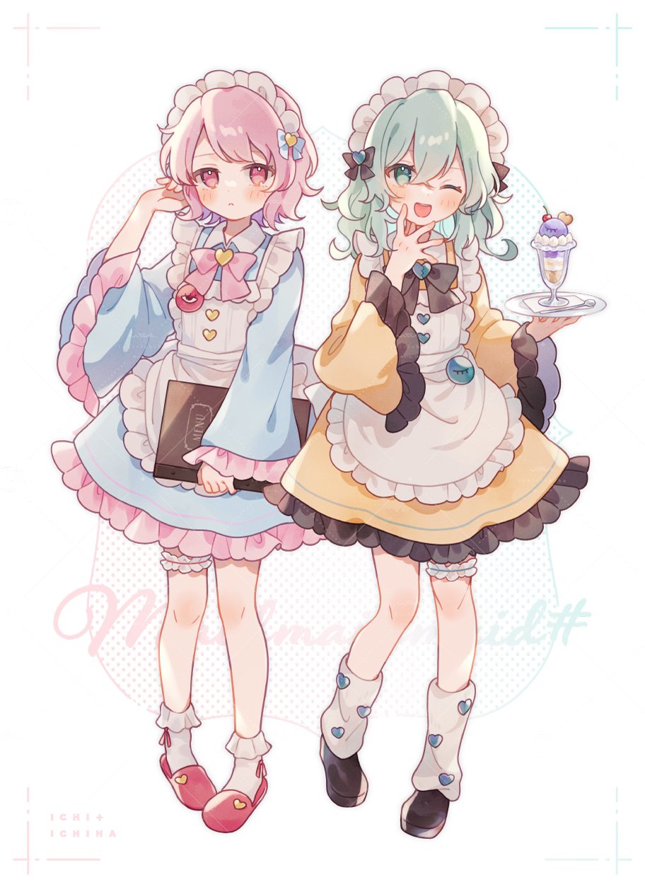 2girls adapted_costume apron black_bow black_bowtie blue_dress bow bowtie dress food green_eyes green_hair heart highres holding holding_tray ice_cream komeiji_koishi komeiji_satori maid maid_apron maid_headdress multiple_girls nig_18 pink_bow pink_bowtie pink_eyes pink_hair smile sundae touhou tray waitress white_apron yellow_dress